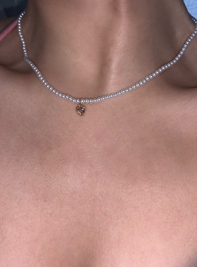 sweetbones美式甜心粉色锆石爱心珍珠项链辣妹饰品ins