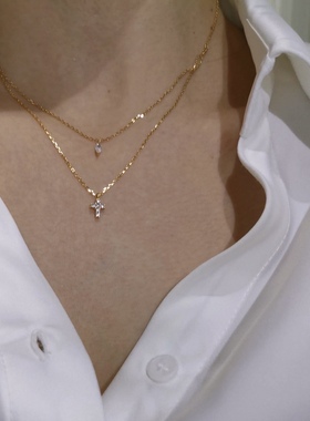 sweetbones通体纯银十字架双层项链冷淡风锁骨链ins