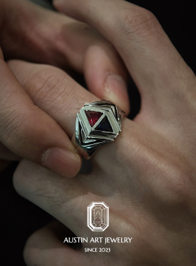 AUSTIN翱森·对峙美学 几何风戒指 小众男戒 培育宝石 925银镀金