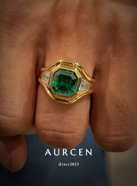 AURCEN翱森·质感绅士 重工三石款男戒 培育祖母绿 925银镀22K金