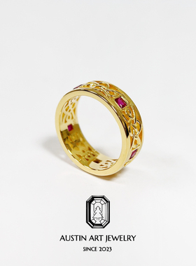 AUSTIN翱森·复古镂空中性风指环 戒指 培育红宝石925银镀18K金