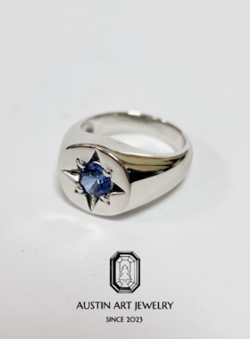 AUSTIN翱森·八芒星中性风印章戒 男戒 培育蓝宝石 银厚镀18K金