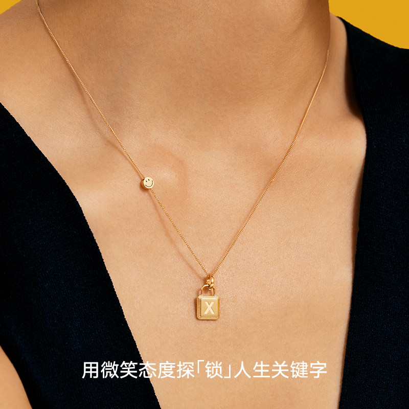 KKLUE联名笑脸18k金项链字母定制锁头吊坠颈链轻奢礼物
