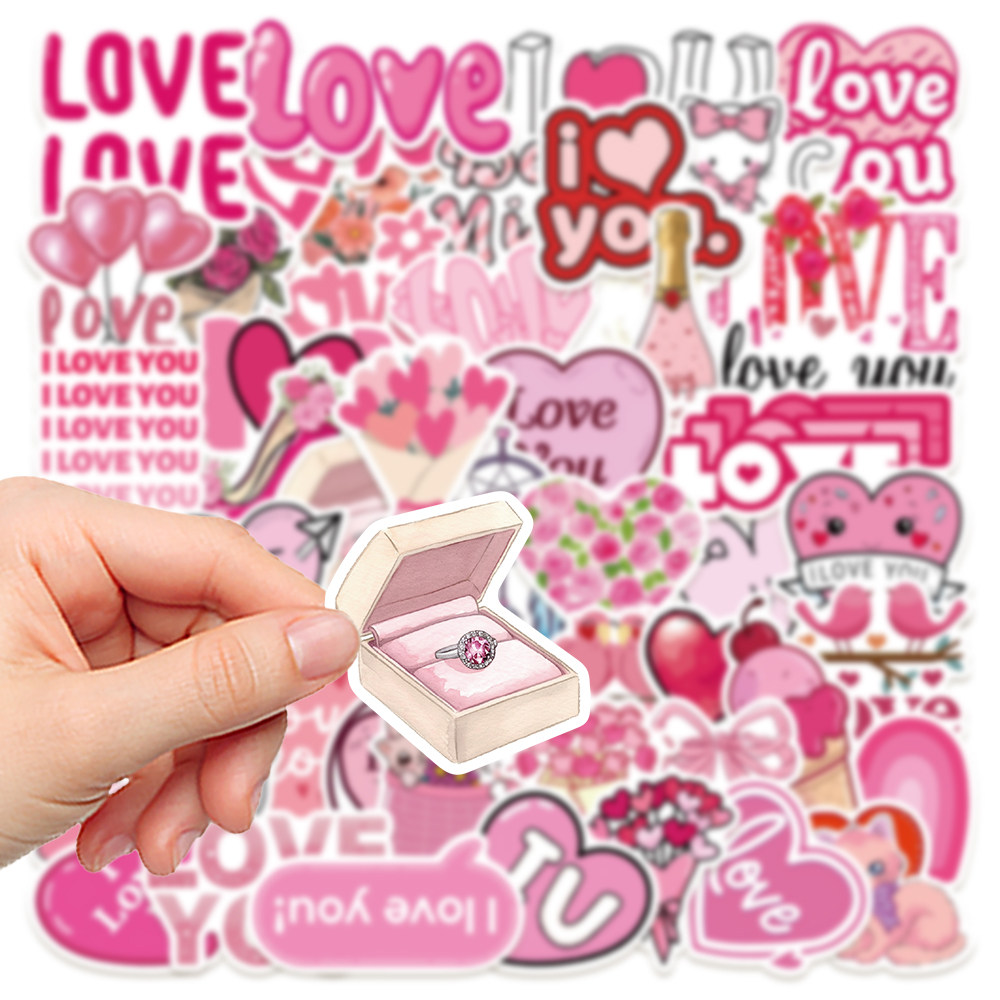 50张卡通可爱粉色英文情人节主题贴纸装饰手机壳水杯ipad防水贴画