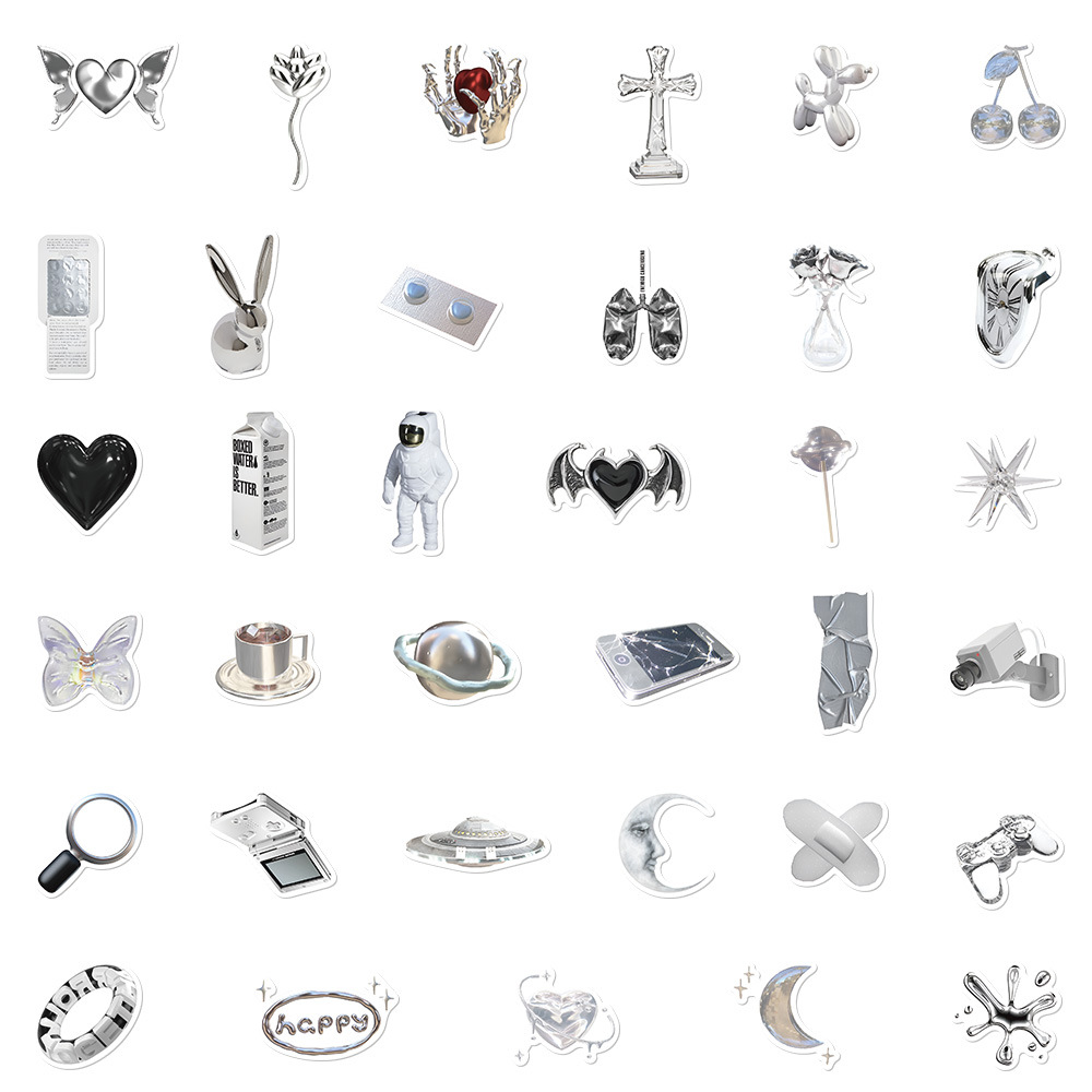 66张ins风简约银色贴纸手机壳手账本电脑iPad水杯装饰防水DIY贴画 - 图0