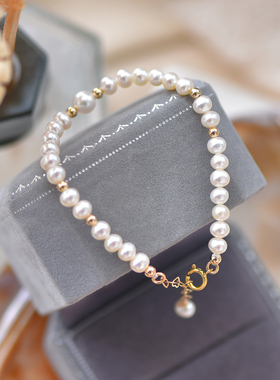 小立交 原创设计4.5-5mm近圆淡水珍珠手链女14K包金手串气质手饰