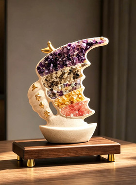 新中式五彩石帆船陶瓷摆件装饰品