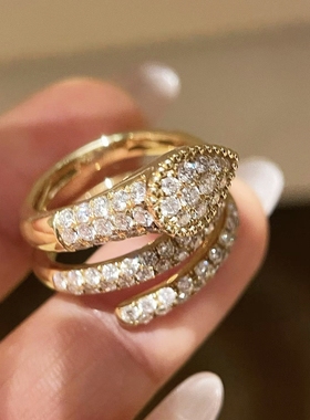 满钻蛇形戒指18K轻奢双环戒指