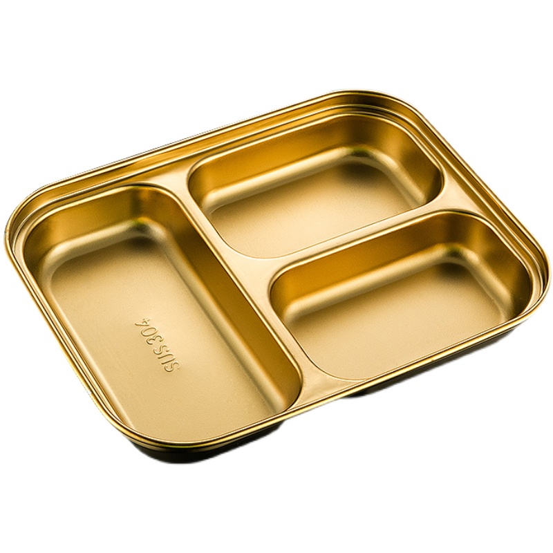 304不锈钢餐盘金色调料盘分格小吃盘菜盘幼儿园学生餐盒韩式餐具 - 图3