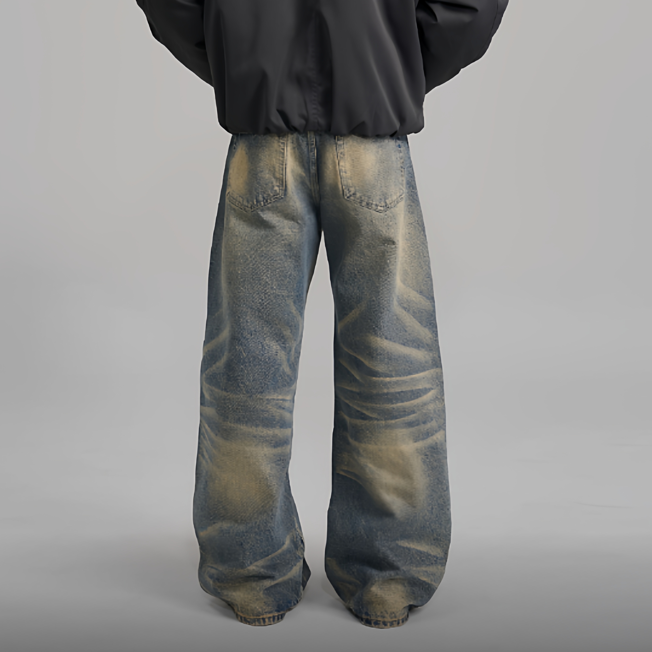 PilotDragon 美式复古猫须排扣水洗做旧直筒宽松牛仔裤 男女同款 - 图1