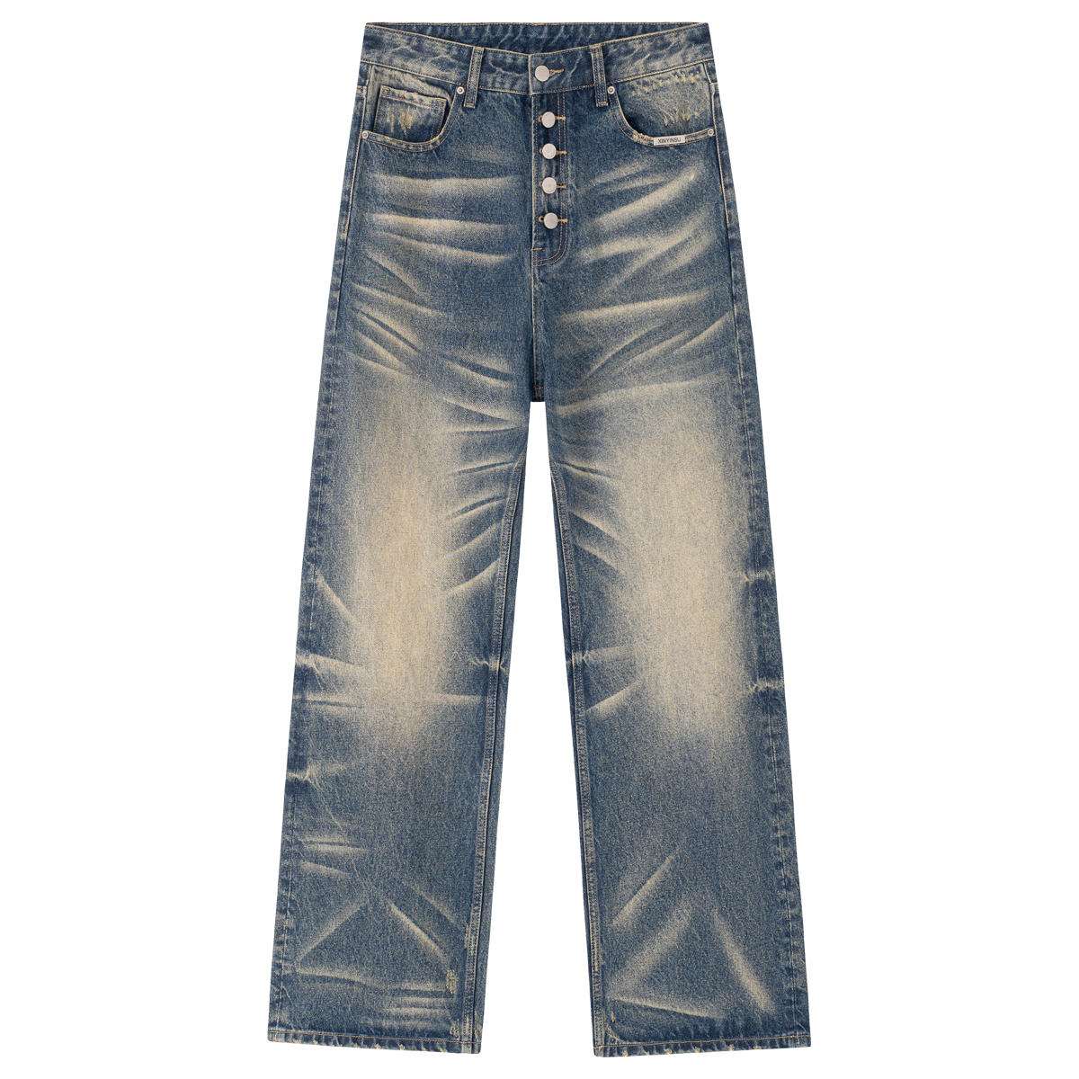 PilotDragon 美式复古猫须排扣水洗做旧直筒宽松牛仔裤 男女同款 - 图2