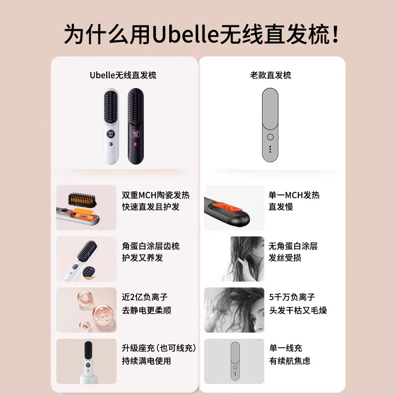 UBelle直发梳夹板充电直板夹梳子便携负离子不伤发无线卷发棒神器 - 图3