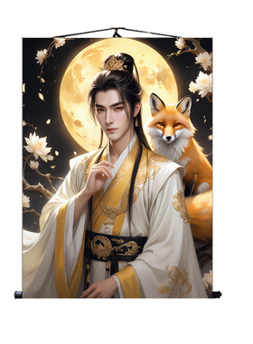 新款男九尾狐画像胡九霄客厅堂口供奉绢布卷轴挂画东北出马胡家仙