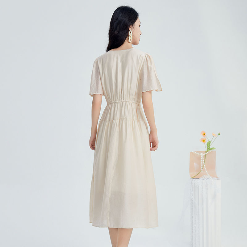 鲁思蒂短袖V领连衣裙2025新款女夏季气质时尚显瘦飞飞袖中长裙子 - 图2