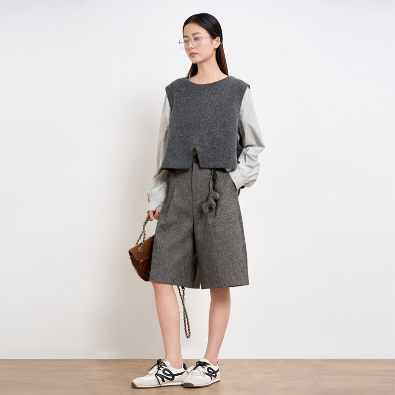 HIGH DAY/轩日羊毛中裤2025秋季新品高级感毛呢阔腿小个子直筒裤 - 图1