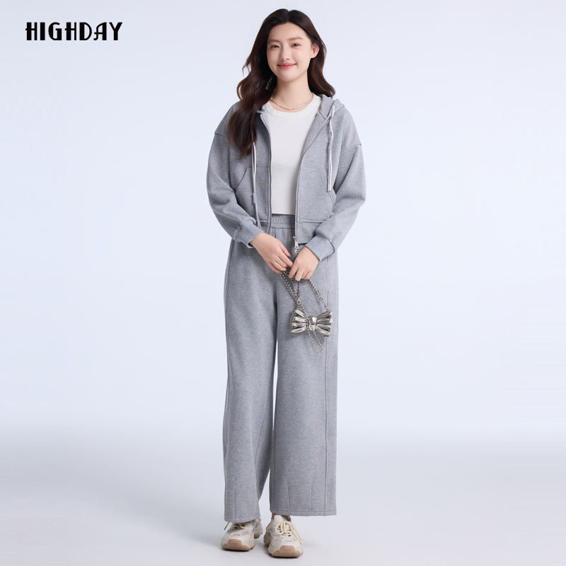 highday轩日2024冬季连帽短款外套女商场同款浅灰落肩开衫卫衣ins - 图0