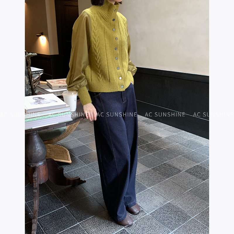 AC Sunshine莱赛尔羊毛混纺拼接针织开衫女秋冬日常叠穿上衣 - 图2