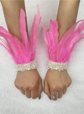 跨境27色羽毛手镯珍珠花边鸡毛手环袖口万圣节化妆服饰配件首饰