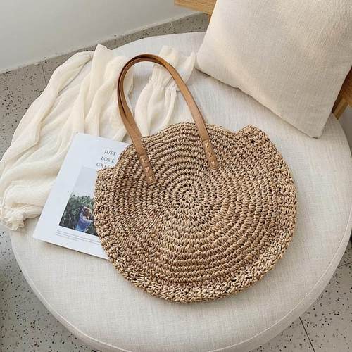 Round Straw Beach Bag Vintage Handmade Woven Shoulder Bag Ra - 图2