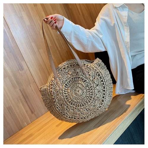 Round Straw Beach Bag Vintage Handmade Woven Shoulder Bag Ra - 图1
