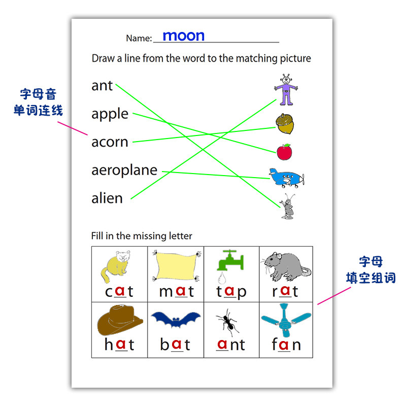 英语26个字母拼读趣味单词连线练习题纸英文填空组词大小写教具 爸爸拼啦智教 淘优券