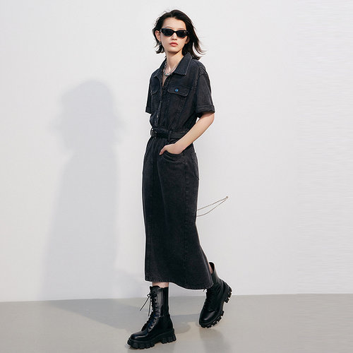 FF仿佛连衣裙2025秋新款复古翻领修身女短袖气质收腰 - 图0