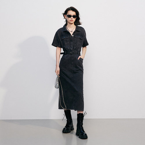 FF仿佛连衣裙2025秋新款复古翻领修身女短袖气质收腰 - 图1