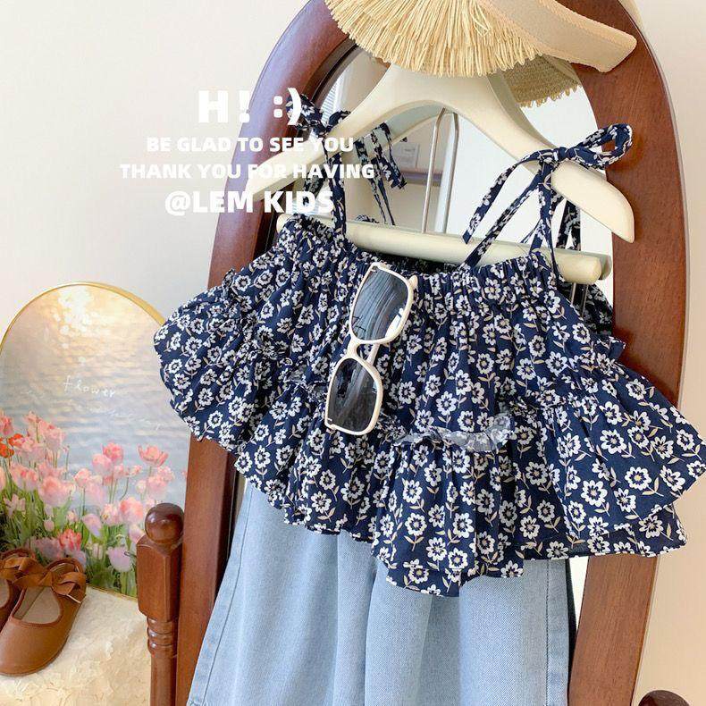 女童夏季套装2025新款女宝韩版碎花吊带衫牛仔阔腿裤九分裤两件套,淘宝优惠券,粉丝福利购,淘宝优惠卷