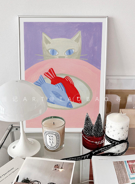 ins紫色系猫咪插画艺术装饰画纸质海报挂画不含框纯内芯艺术微喷