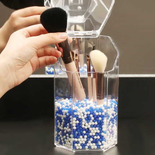 透明化妆刷桶带珍珠桌面防尘带盖美妆刷子放眉笔眼影化妆品收纳盒 - 图1