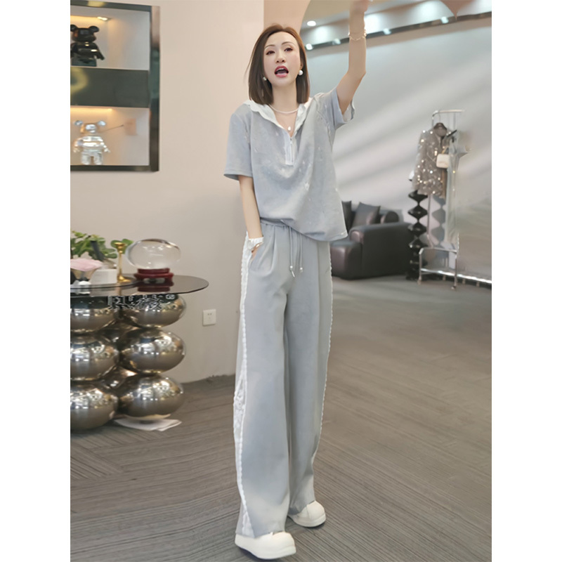 2025夏季新款穿搭配减龄显瘦时尚休闲运动蕾丝短袖长裤一整套装女 - 图3