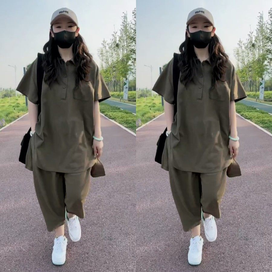 2025年夏季时尚新款休闲百搭慵懒风遮肉韩系简约上衣裤子两件套女,淘宝优惠券,粉丝福利购,淘宝优惠卷