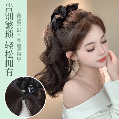 韩系百搭高马尾假发大波浪仿真长卷发抓夹假辫子黑色慵懒发圈马尾 - 图2