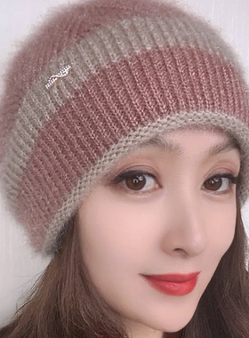 松鼠绒双层针织时尚百搭冬季堆堆帽女士编织韩版保暖帽秋冬帽子女