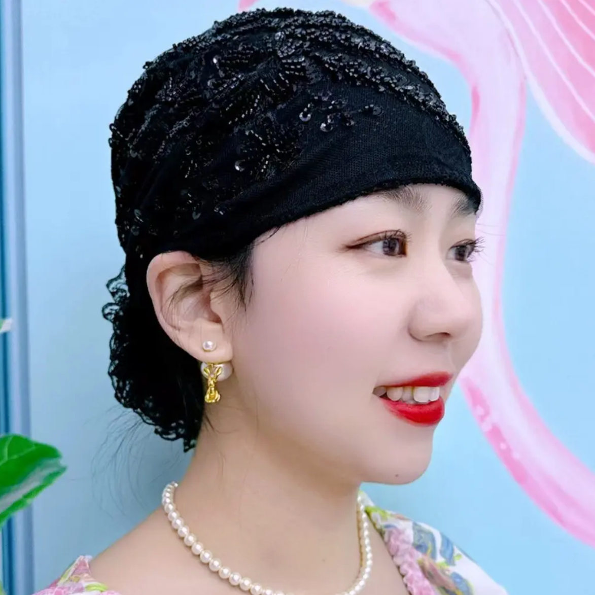 洋气百搭新款凤尾花盘花帽妈妈时尚头巾束发帽遮白发蕾丝包头帽女 - 图2