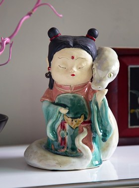 优选新中式龙女御蛇手工艺品w陶瓷雕塑创意神话艺术摆件家居高级