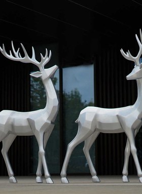优选仿不绣钢鹿雕塑摆件金属银y色梅花鹿玻璃钢新中式户外园林景