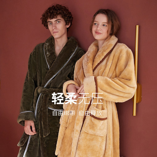 芬腾秋冬季珊瑚绒睡袍女情侣加厚保暖长款家居服男法兰绒浴袍浴衣 - 图3