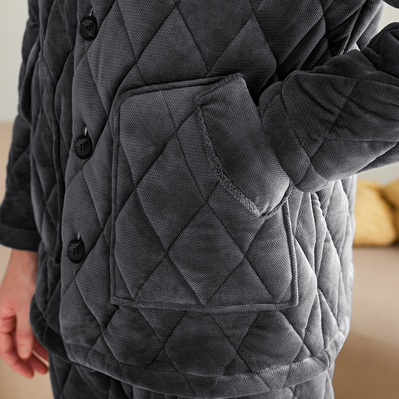 芬腾冬季睡衣男三层加厚珊瑚绒夹棉袄抗静电法兰绒大码家居服套装