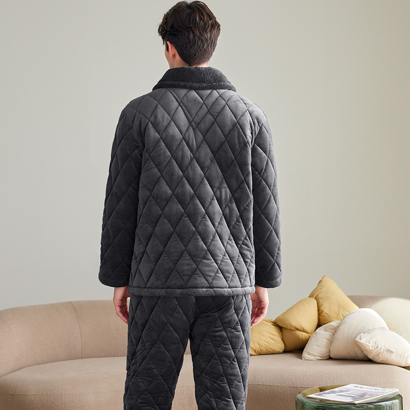 芬腾冬季睡衣男三层加厚珊瑚绒夹棉袄抗静电法兰绒大码家居服套装