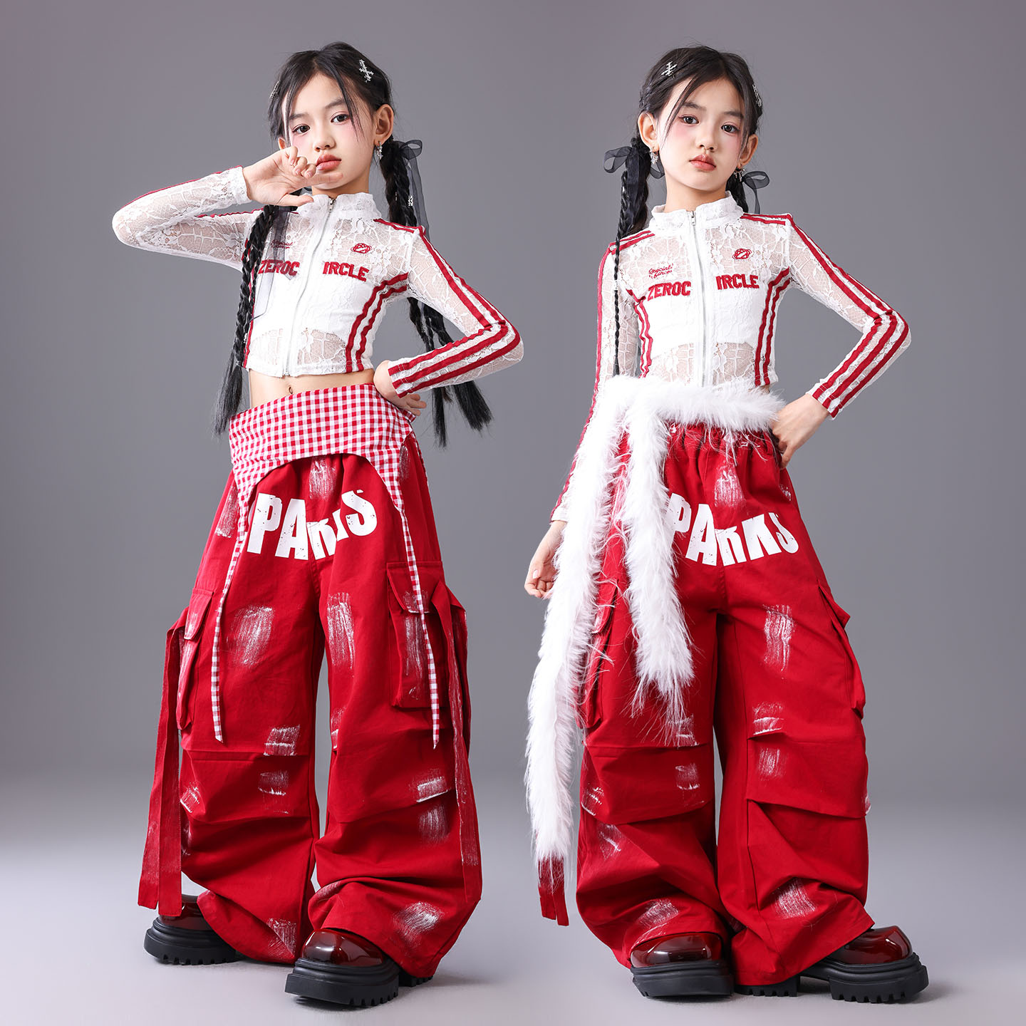 元旦儿童爵士舞女童服装红白蕾丝少儿街舞潮服女孩jazz舞台演出服 - 图1
