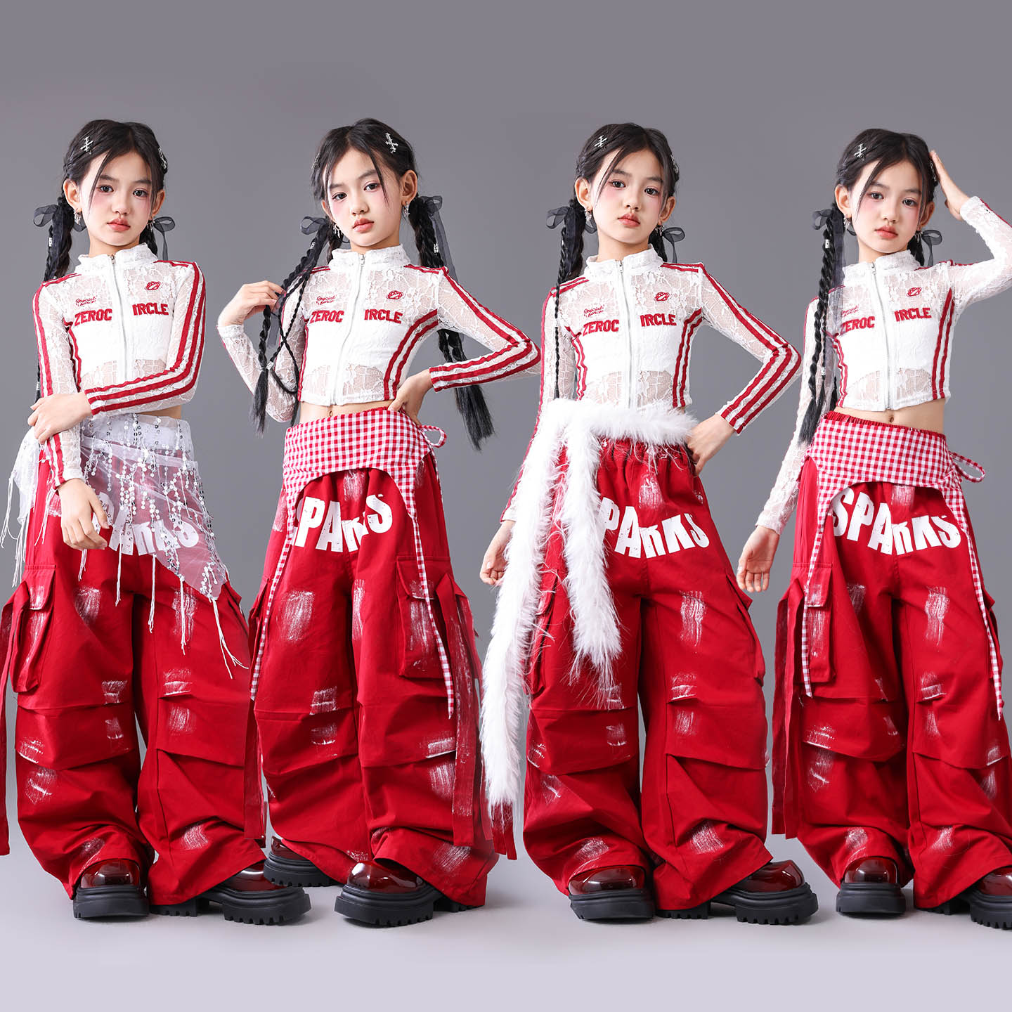 元旦儿童爵士舞女童服装红白蕾丝少儿街舞潮服女孩jazz舞台演出服 - 图0