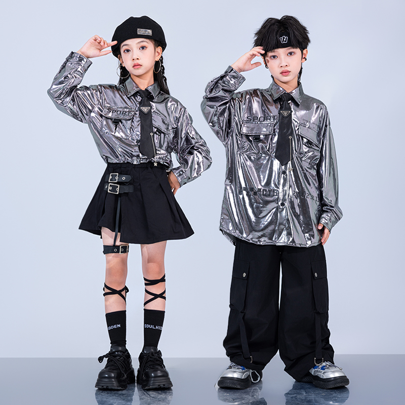 儿童街舞潮服男童科技感啦啦队女童爵士表演小学生运动会合唱服装 - 图1