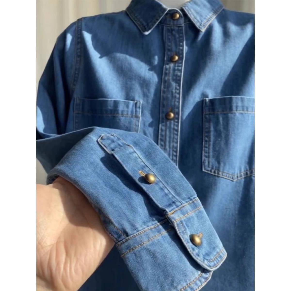 香港TIMO港风覆古蓝色牛仔衬衫女2025年早春宽松叠穿正肩衬衣上衣 - 图1