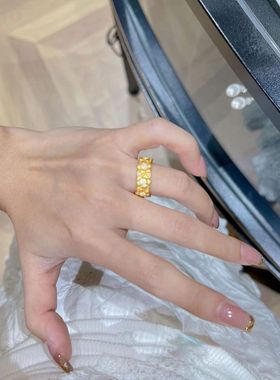 复古新中式古法拉丝镶钻栀子花戒指百搭真金电镀高保色气质食指戒