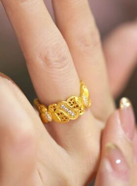 复古新中式古法拉丝蝴蝶花纹戒指镶钻老钱风高保色食指戒新中式