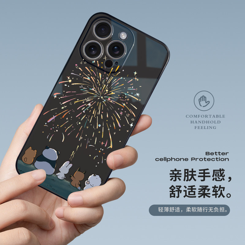适用iPhone16手机壳苹果15pro透明14promax镜头全包13可爱熊猫xr创意看烟花苹果12pro硅胶软壳11防摔xsmax壳