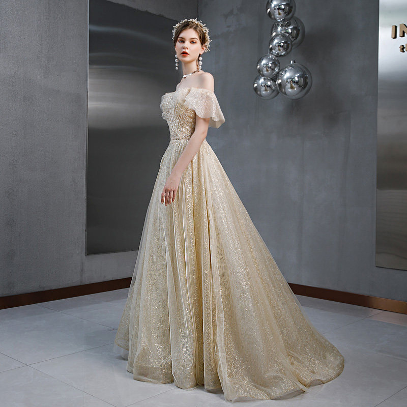 香槟色2019秋冬新款高贵一字肩婚纱 alalei礼服/晚装