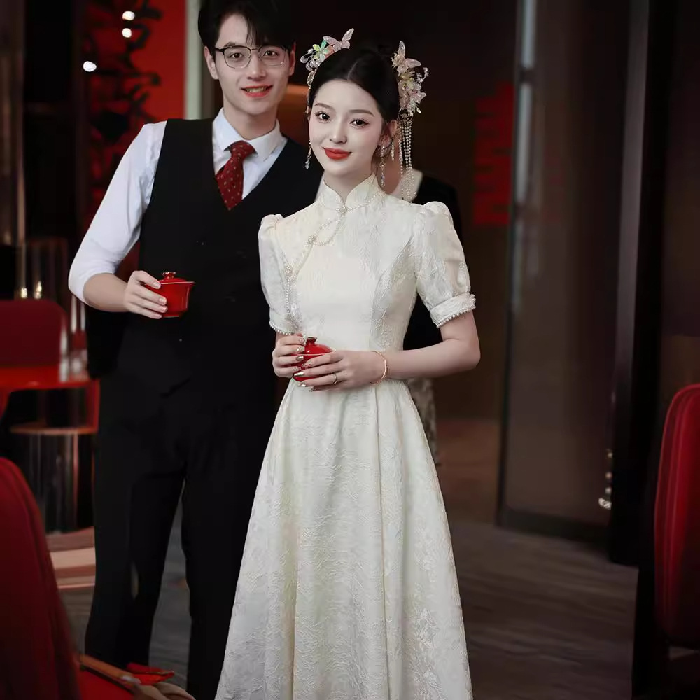白色旗袍订婚连衣裙日常平时可穿领证登记礼服裙小个子白裙子 - 图1