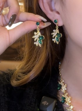 铜合金合成锆石项链 复古宫廷风绿色枝叶镶钻流苏项链耳钉两件套